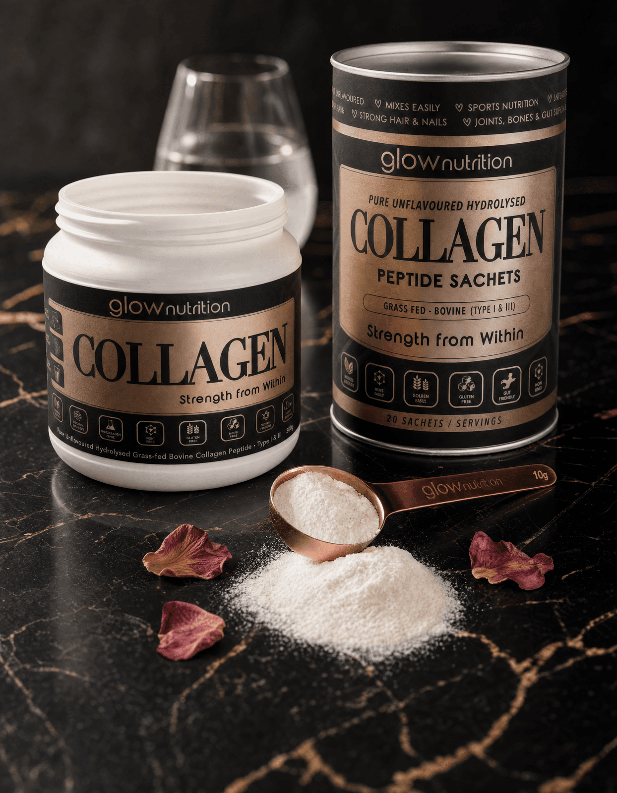 Glow Nutrition Collagen Peptide Combo Pack: the 300g granules tub with the 20-sachet canister